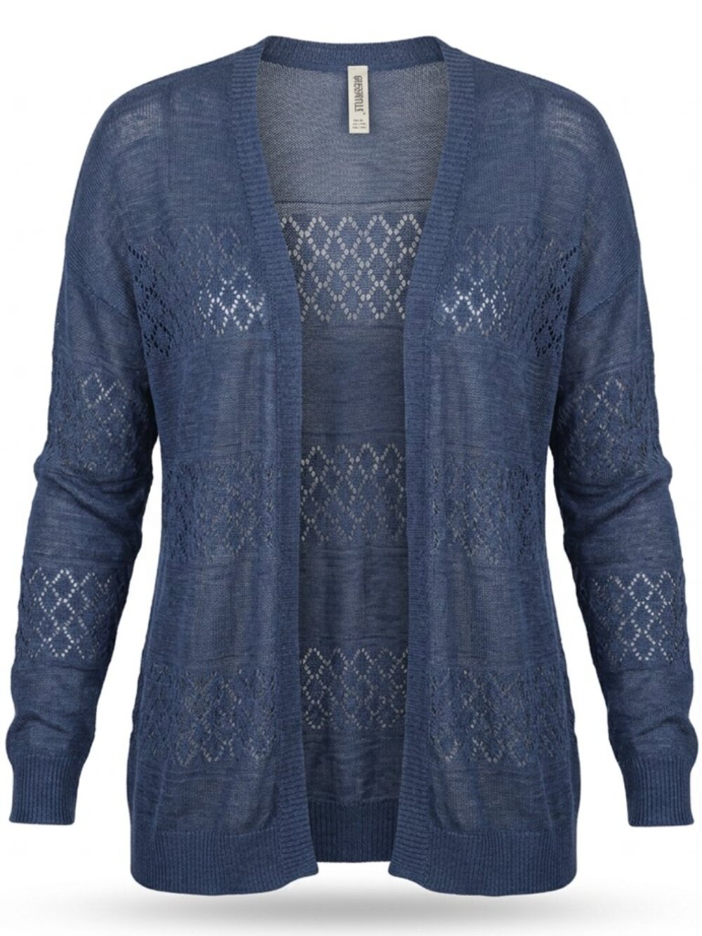 Country Blue Open Front Pointelle Knit Long Cardigan